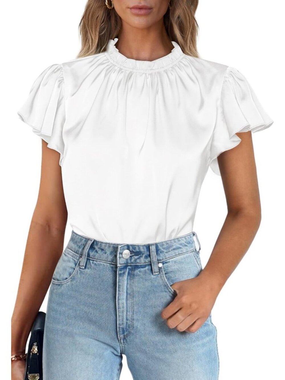 Women's White Blouse Ruffled Neck Flutter Sleeve Office Work Silk Top